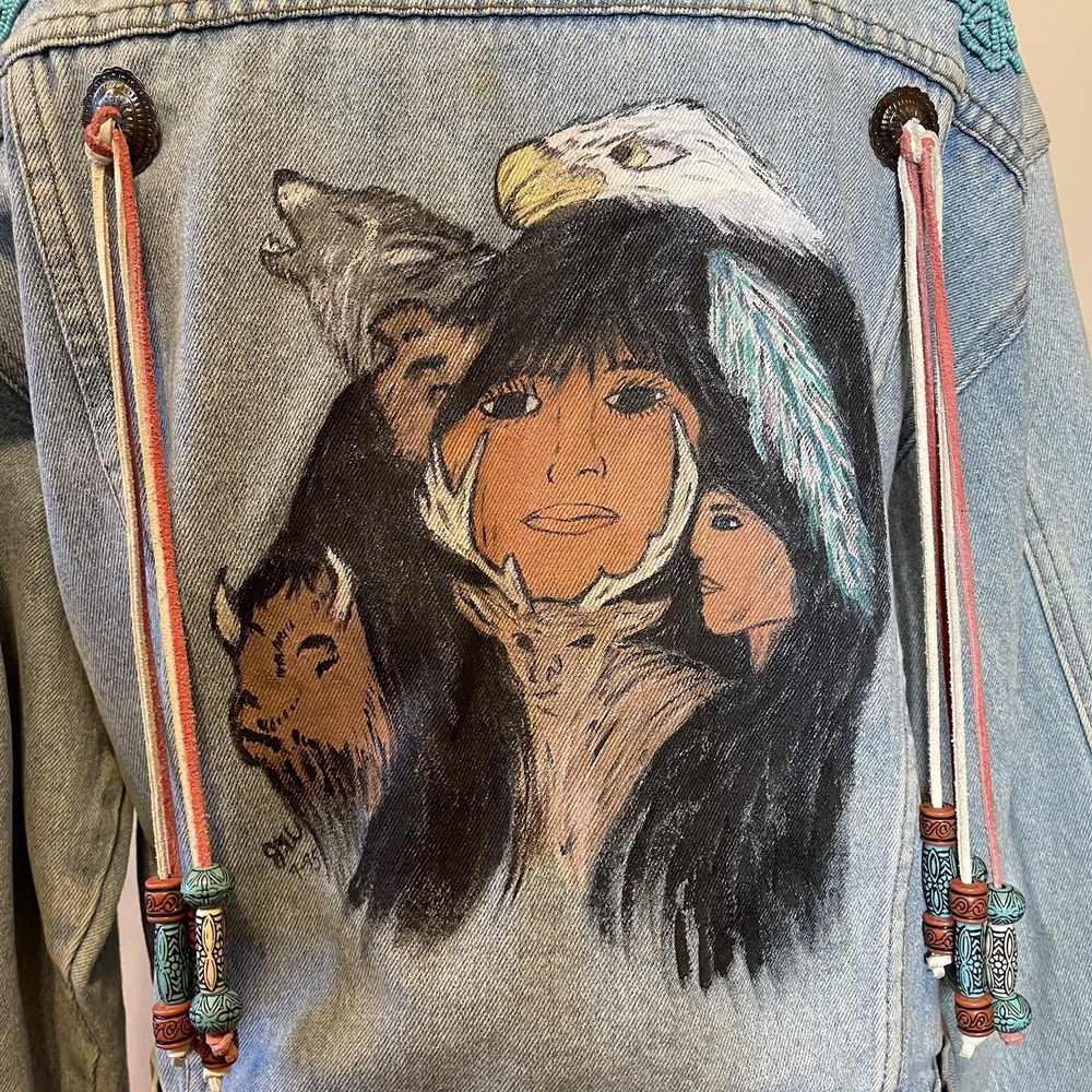 Vintage Hand Painted Zana Di Jean Jacket Beaded Dream Catcher Indian Eagle Large